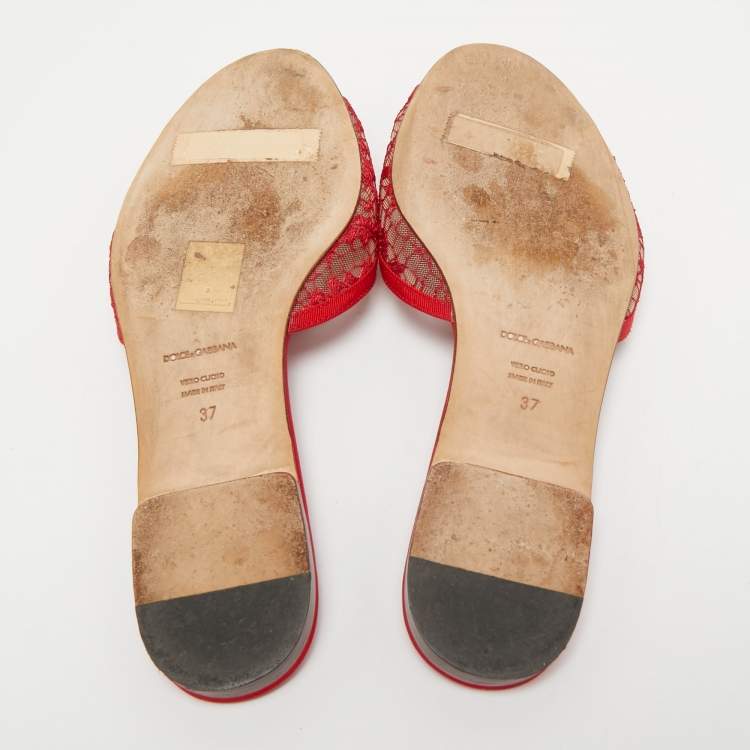 Pre Owned Dolce & Gabbana Red Lace Crystal Embellished Bianca Flat Slides Size 37
