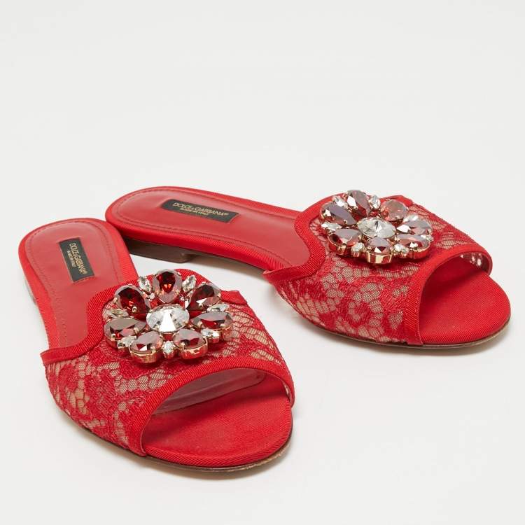 Pre Owned Dolce & Gabbana Red Lace Crystal Embellished Bianca Flat Slides Size 37