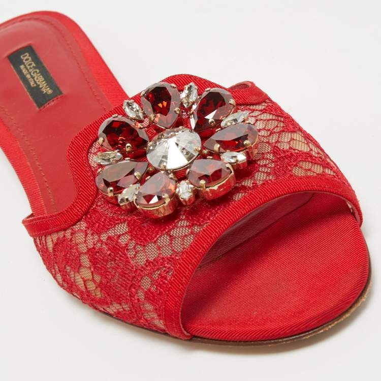 Pre Owned Dolce & Gabbana Red Lace Crystal Embellished Bianca Flat Slides Size 37