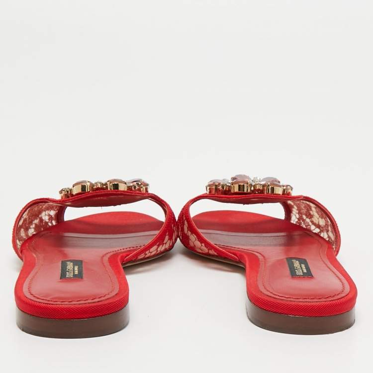 Pre Owned Dolce & Gabbana Red Lace Crystal Embellished Bianca Flat Slides Size 37