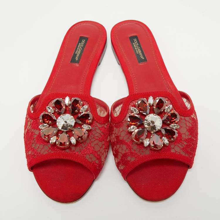 Pre Owned Dolce & Gabbana Red Lace Crystal Embellished Bianca Flat Slides Size 37