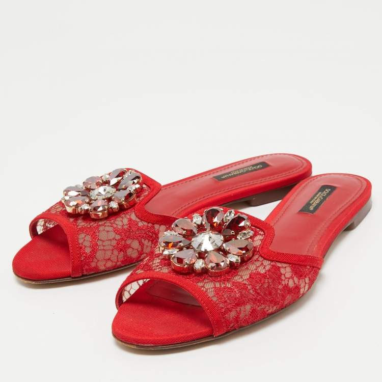 Pre Owned Dolce & Gabbana Red Lace Crystal Embellished Bianca Flat Slides Size 37