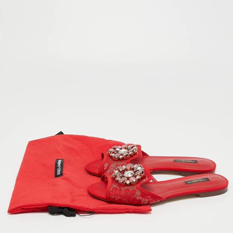 Pre Owned Dolce & Gabbana Red Lace Crystal Embellished Bianca Flat Slides Size 37