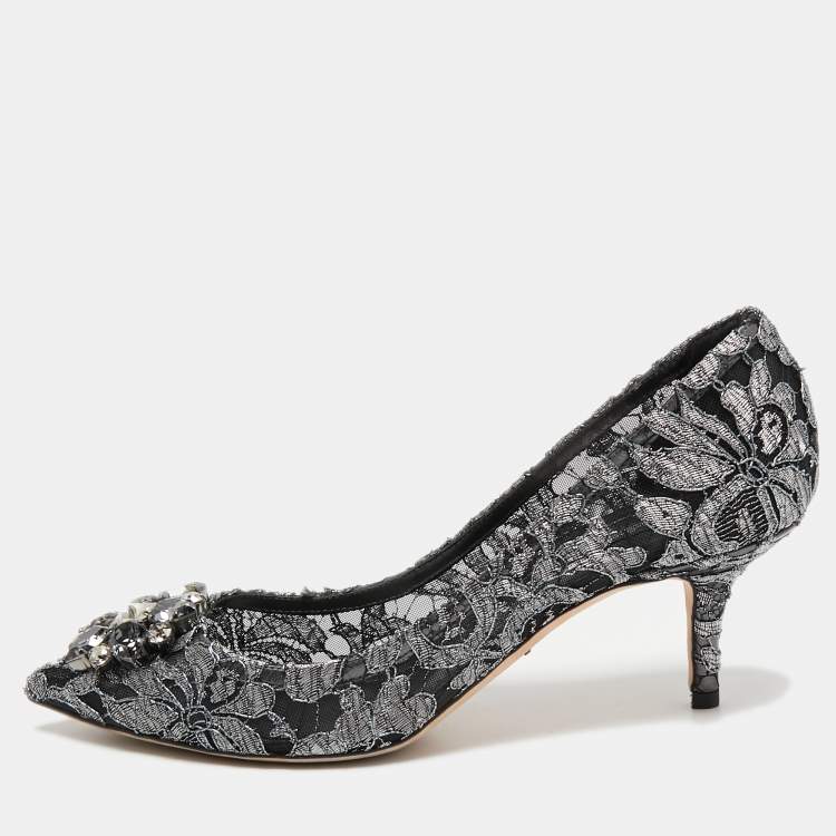 Pre Owned Dolce & Gabbana Metallic Grey/Black Lace Bellucci Pumps Size 39