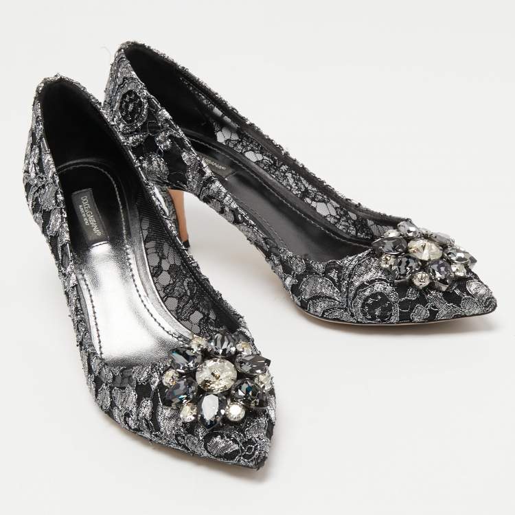 Pre Owned Dolce & Gabbana Metallic Grey/Black Lace Bellucci Pumps Size 39