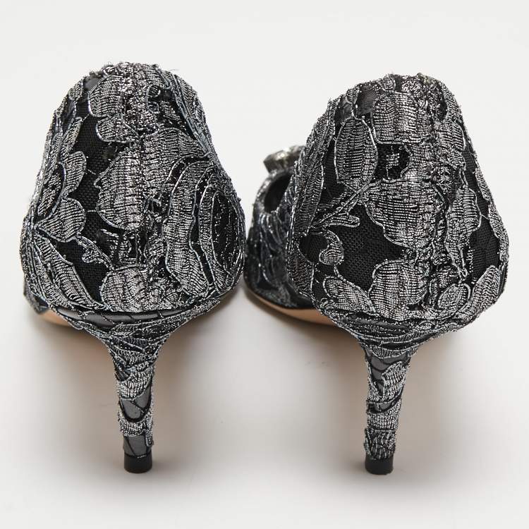 Pre Owned Dolce & Gabbana Metallic Grey/Black Lace Bellucci Pumps Size 39