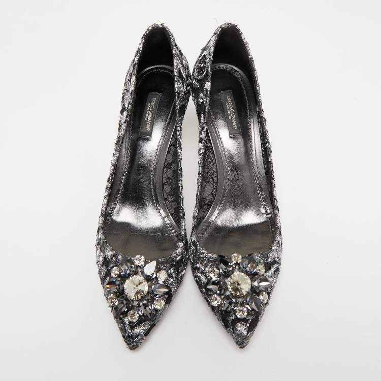 Pre Owned Dolce & Gabbana Metallic Grey/Black Lace Bellucci Pumps Size 39