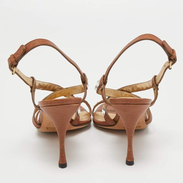 Pre Owned Dolce & Gabbana Brown Leather Crystal Embellished Ankle Strap Sandals Size 39