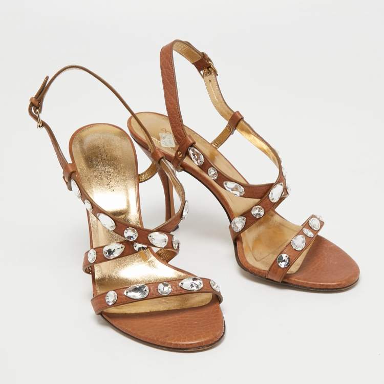 Pre Owned Dolce & Gabbana Brown Leather Crystal Embellished Ankle Strap Sandals Size 39