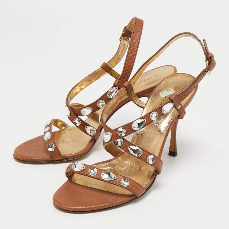 Pre Owned Dolce & Gabbana Brown Leather Crystal Embellished Ankle Strap Sandals Size 39