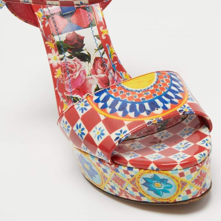 Pre Owned Dolce & Gabbana Multicolor Printed Leather Wedge Platform Ankle Strap Sandals Size 38