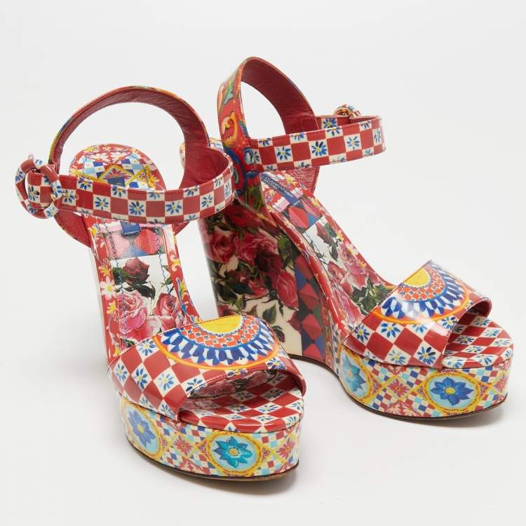 Pre Owned Dolce & Gabbana Multicolor Printed Leather Wedge Platform Ankle Strap Sandals Size 38