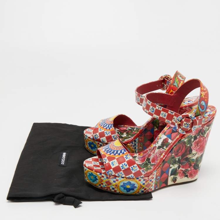 Pre Owned Dolce & Gabbana Multicolor Printed Leather Wedge Platform Ankle Strap Sandals Size 38