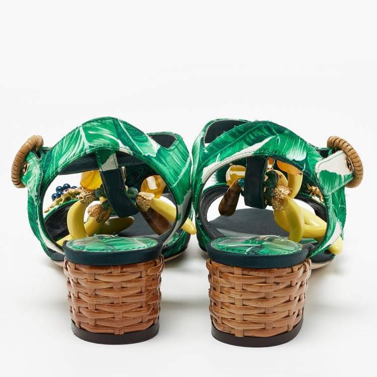 Pre Owned Dolce & Gabbana Green Printed Satin Banana Embellished T-Strap Sandals Size 36