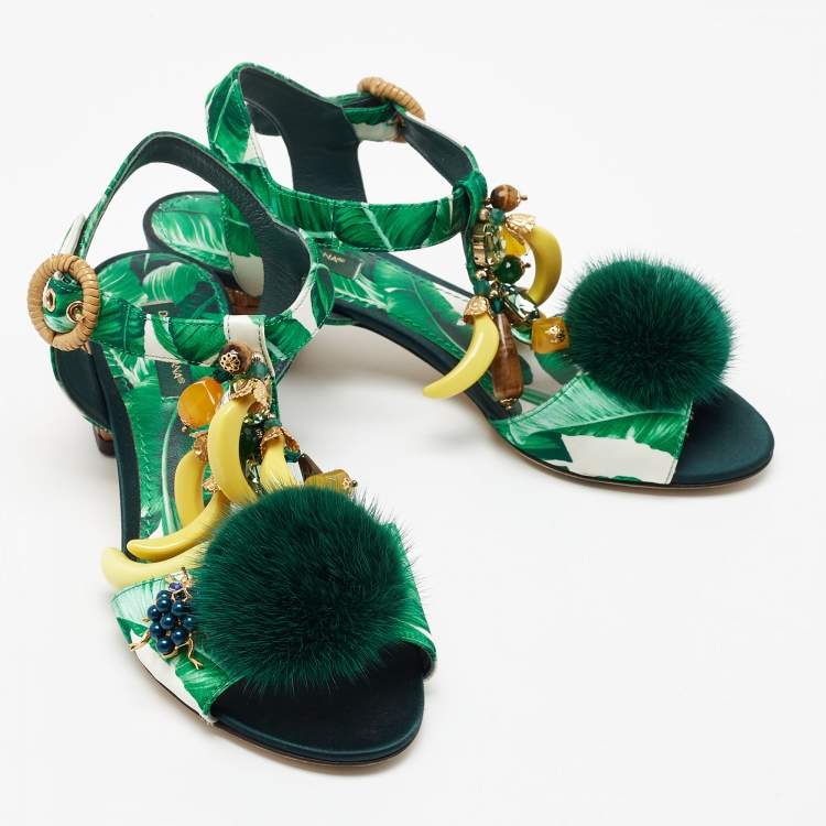 Pre Owned Dolce & Gabbana Green Printed Satin Banana Embellished T-Strap Sandals Size 36