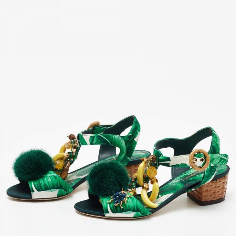 Pre Owned Dolce & Gabbana Green Printed Satin Banana Embellished T-Strap Sandals Size 36