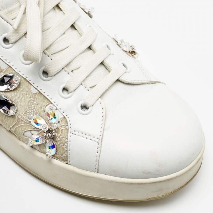 Pre Owned Dolce & Gabbana White Leather and Lace Low Top Sneakers Size 38.5