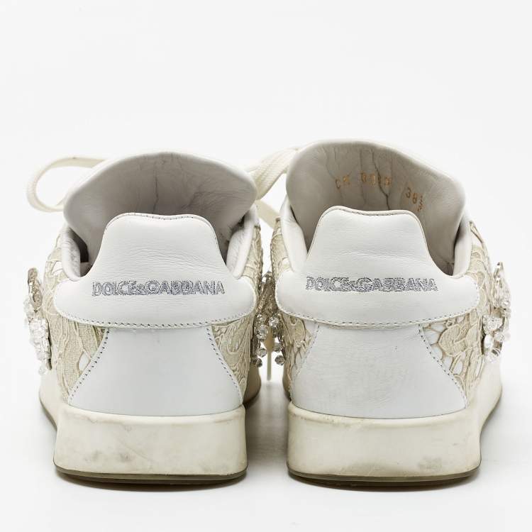 Pre Owned Dolce & Gabbana White Leather and Lace Low Top Sneakers Size 38.5