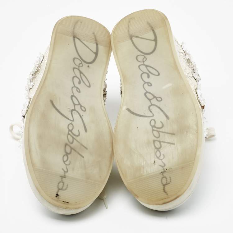 Pre Owned Dolce & Gabbana White Leather and Lace Low Top Sneakers Size 38.5