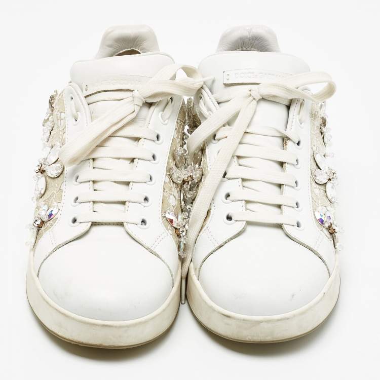 Pre Owned Dolce & Gabbana White Leather and Lace Low Top Sneakers Size 38.5