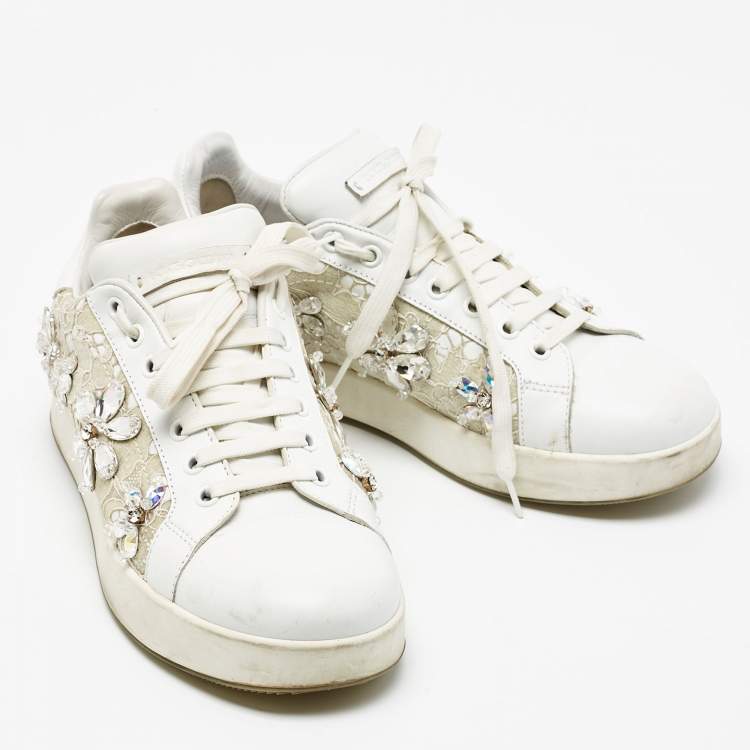 Pre Owned Dolce & Gabbana White Leather and Lace Low Top Sneakers Size 38.5