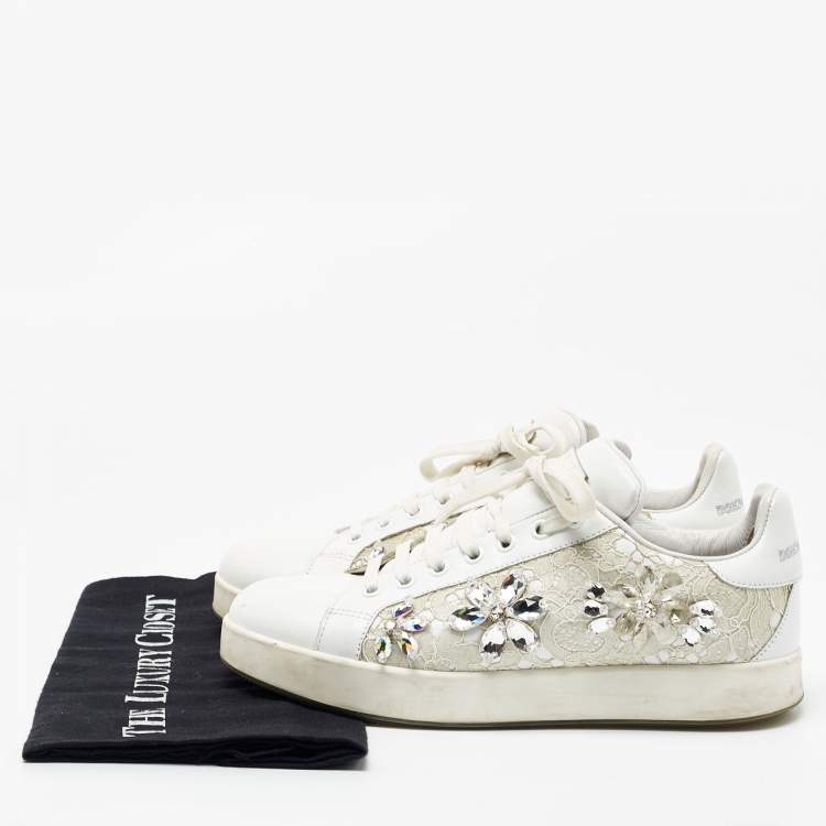 Pre Owned Dolce & Gabbana White Leather and Lace Low Top Sneakers Size 38.5