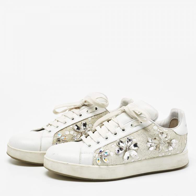 Pre Owned Dolce & Gabbana White Leather and Lace Low Top Sneakers Size 38.5