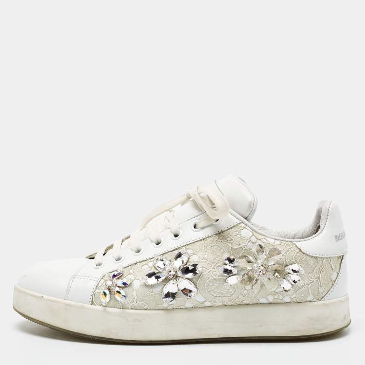 Pre Owned Dolce & Gabbana White Leather and Lace Low Top Sneakers Size 38.5