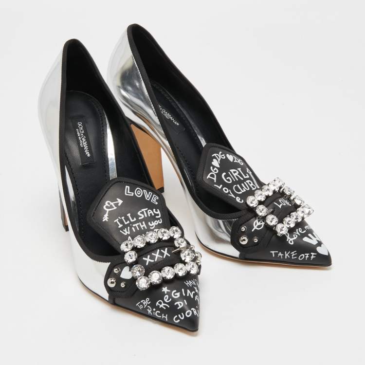 Pre Owned Dolce & Gabbana Silver Leather Crystal Embellished Pumps Size 40