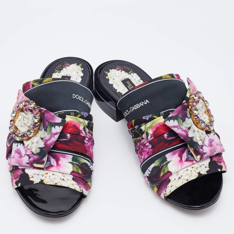 Pre Owned Dolce & Gabbana Multicolor Floral Print Fabric Embellished Slide Sandals Size 36