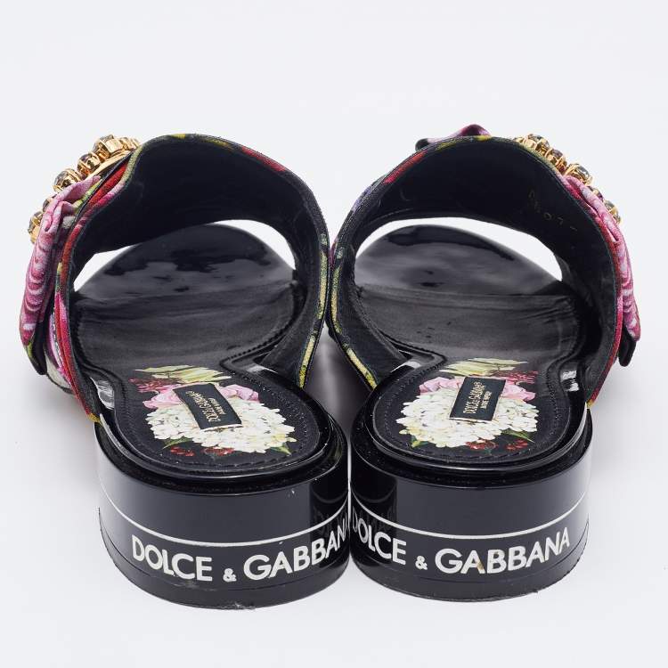 Pre Owned Dolce & Gabbana Multicolor Floral Print Fabric Embellished Slide Sandals Size 36