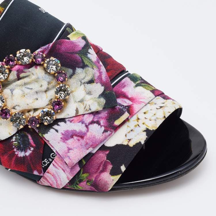 Pre Owned Dolce & Gabbana Multicolor Floral Print Fabric Embellished Slide Sandals Size 36