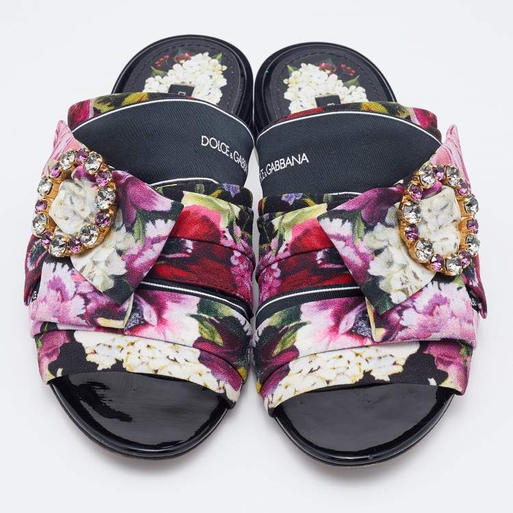 Pre Owned Dolce & Gabbana Multicolor Floral Print Fabric Embellished Slide Sandals Size 36