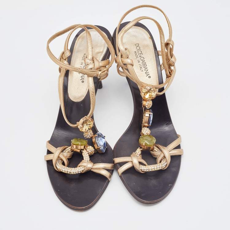 Pre Owned Dolce & Gabbana Gold Leather Crystal Embellished T Strap Sandals Size 37