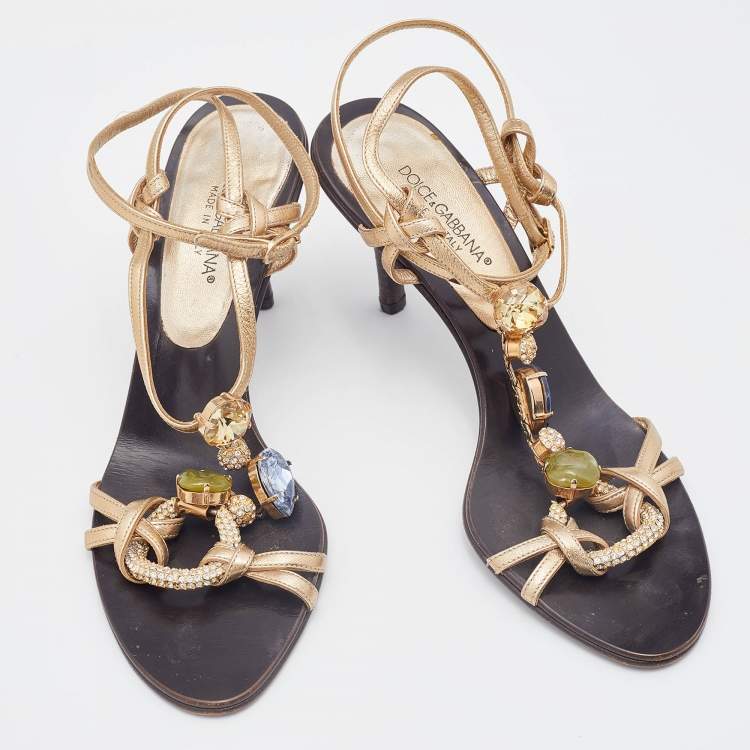 Pre Owned Dolce & Gabbana Gold Leather Crystal Embellished T Strap Sandals Size 37