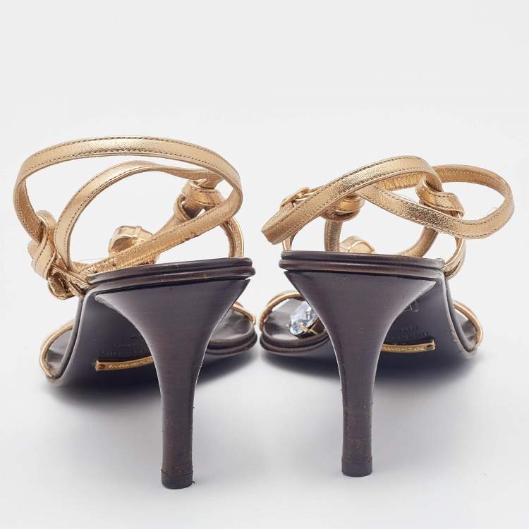Pre Owned Dolce & Gabbana Gold Leather Crystal Embellished T Strap Sandals Size 37