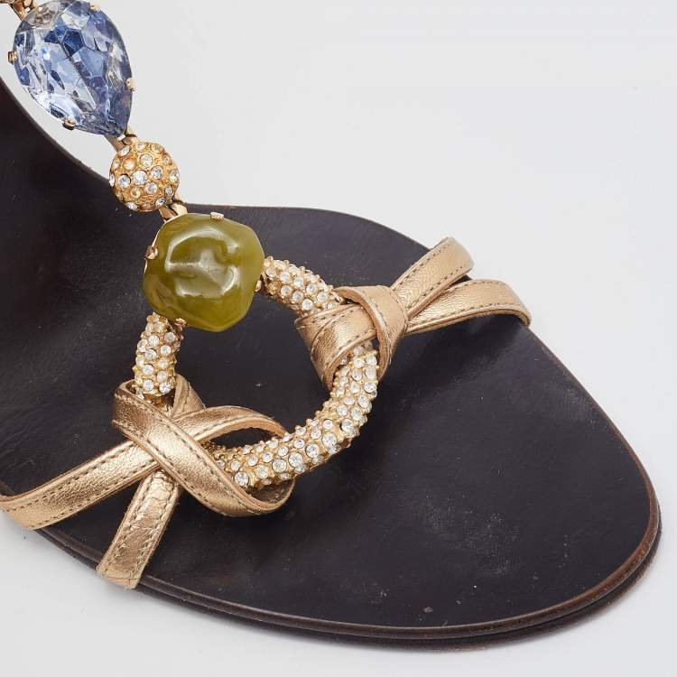 Pre Owned Dolce & Gabbana Gold Leather Crystal Embellished T Strap Sandals Size 37