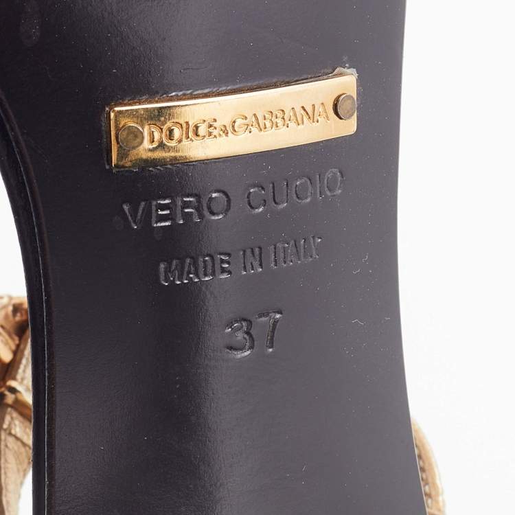 Pre Owned Dolce & Gabbana Gold Leather Crystal Embellished T Strap Sandals Size 37