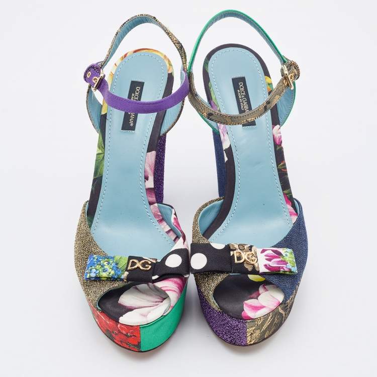 Pre Owned Dolce & Gabbana Multicolor Patchwork Fabric Platform Wedge Ankle Strap Sandals Size 39