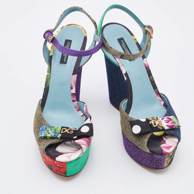 Pre Owned Dolce & Gabbana Multicolor Patchwork Fabric Platform Wedge Ankle Strap Sandals Size 39