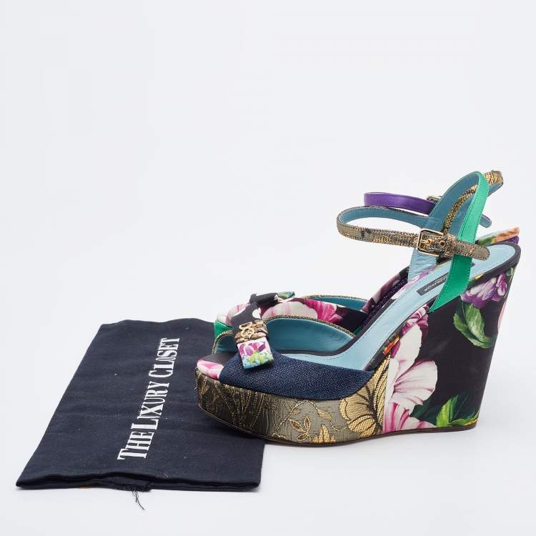 Pre Owned Dolce & Gabbana Multicolor Patchwork Fabric Platform Wedge Ankle Strap Sandals Size 39