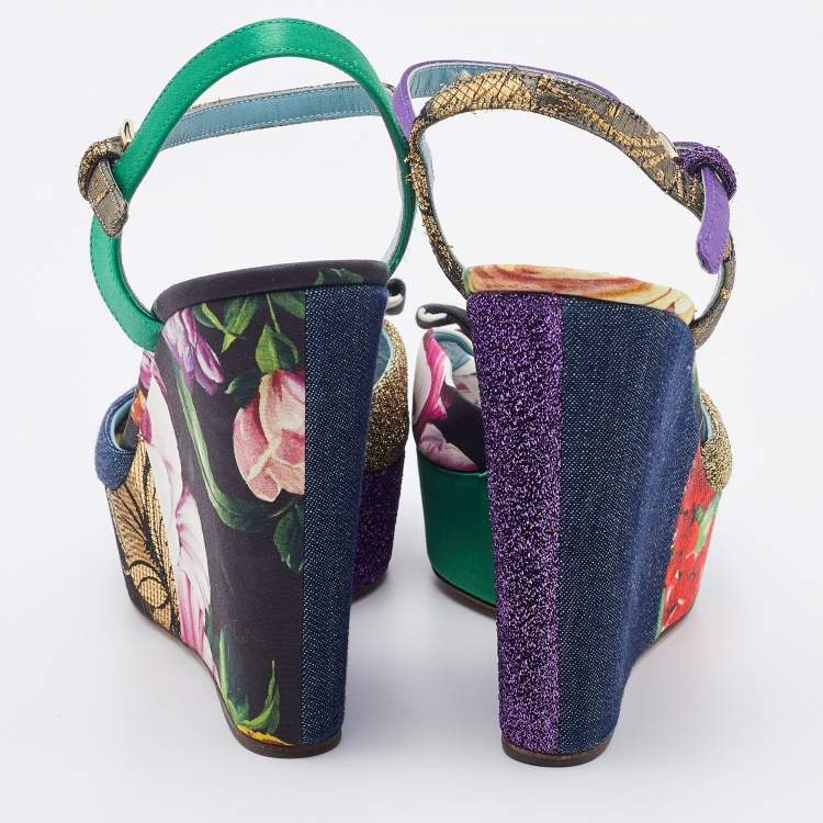 Pre Owned Dolce & Gabbana Multicolor Patchwork Fabric Platform Wedge Ankle Strap Sandals Size 39