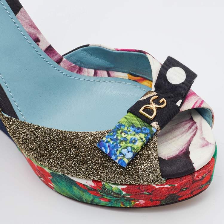 Pre Owned Dolce & Gabbana Multicolor Patchwork Fabric Platform Wedge Ankle Strap Sandals Size 39