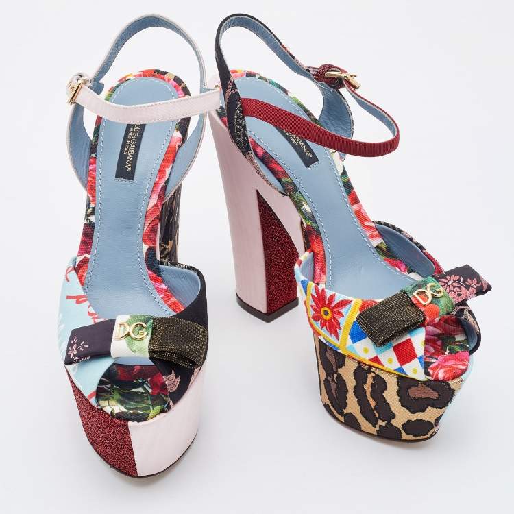 Pre Owned Dolce & Gabbana Multicolor Patchwork Fabric Platform Ankle Strap Block Heel Sandals Size 38.5
