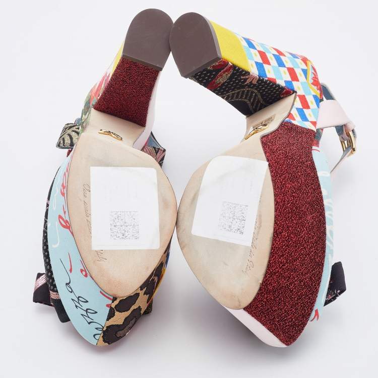 Pre Owned Dolce & Gabbana Multicolor Patchwork Fabric Platform Ankle Strap Block Heel Sandals Size 38.5