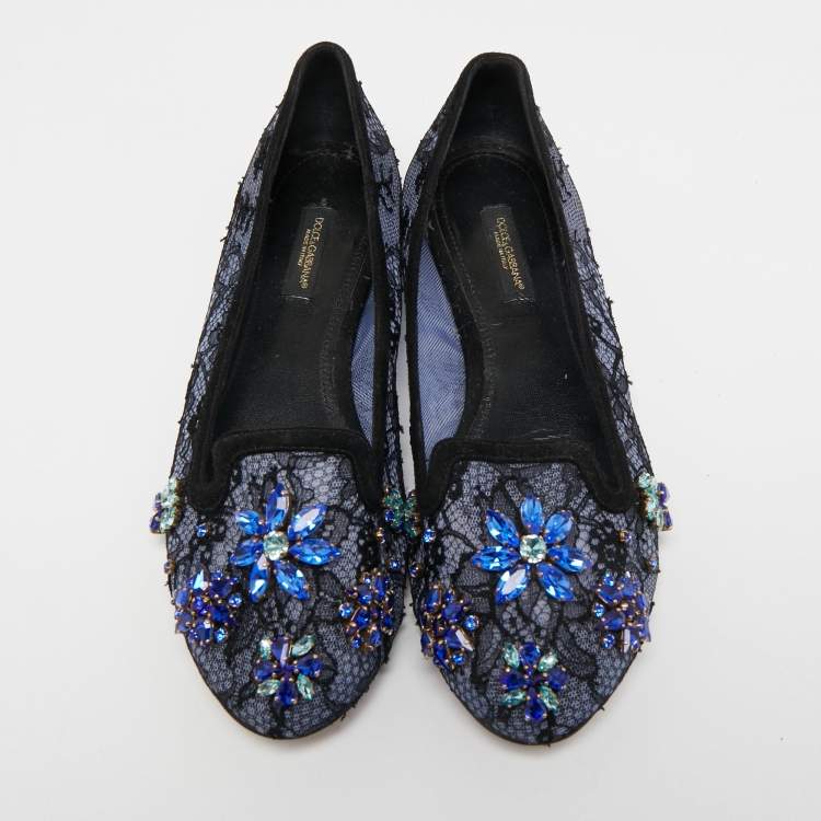 مملوكة مسبقًا Dolce & Gabbana Navy Blue/Black Lace and Suede Vally Embellished Ballet Flats Size 37