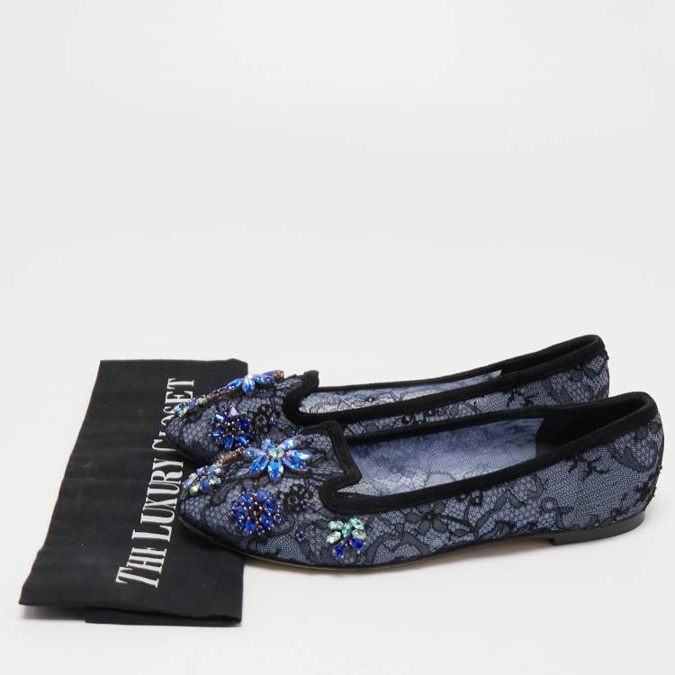 مملوكة مسبقًا Dolce & Gabbana Navy Blue/Black Lace and Suede Vally Embellished Ballet Flats Size 37