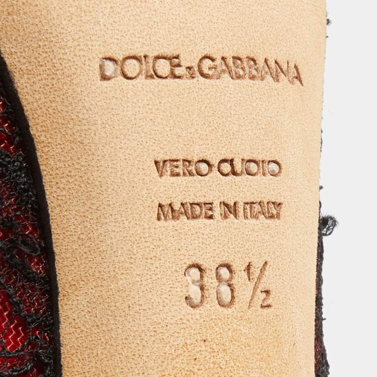 Pre Owned Dolce & Gabbana Red/Black Satin and Lace Peep Toe Pumps Size 38.5