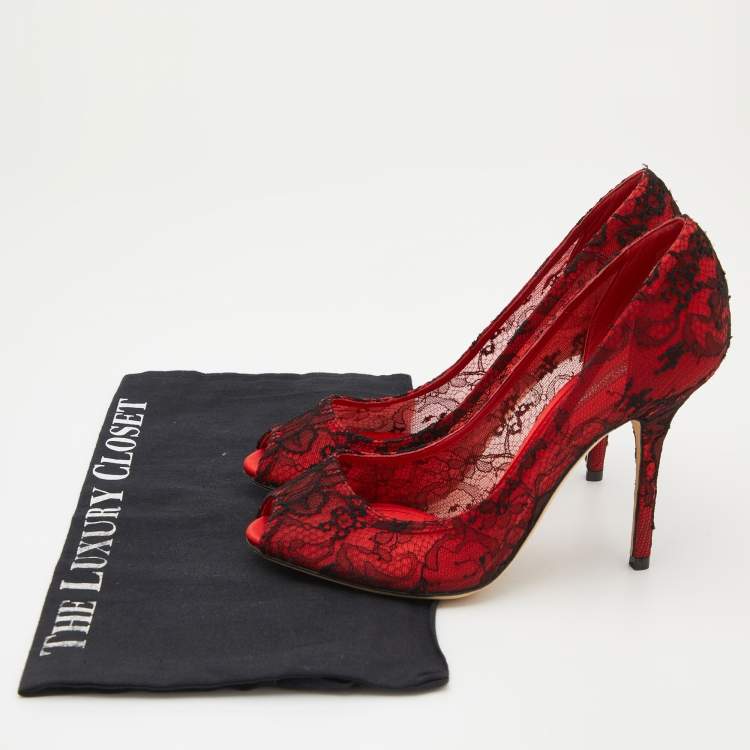Pre Owned Dolce & Gabbana Red/Black Satin and Lace Peep Toe Pumps Size 38.5