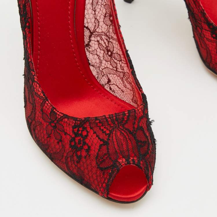 Pre Owned Dolce & Gabbana Red/Black Satin and Lace Peep Toe Pumps Size 38.5